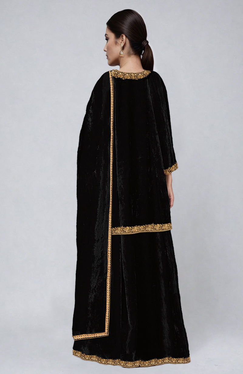 Black Kashmiri Tilla Dozi Embroidered Sharara Set