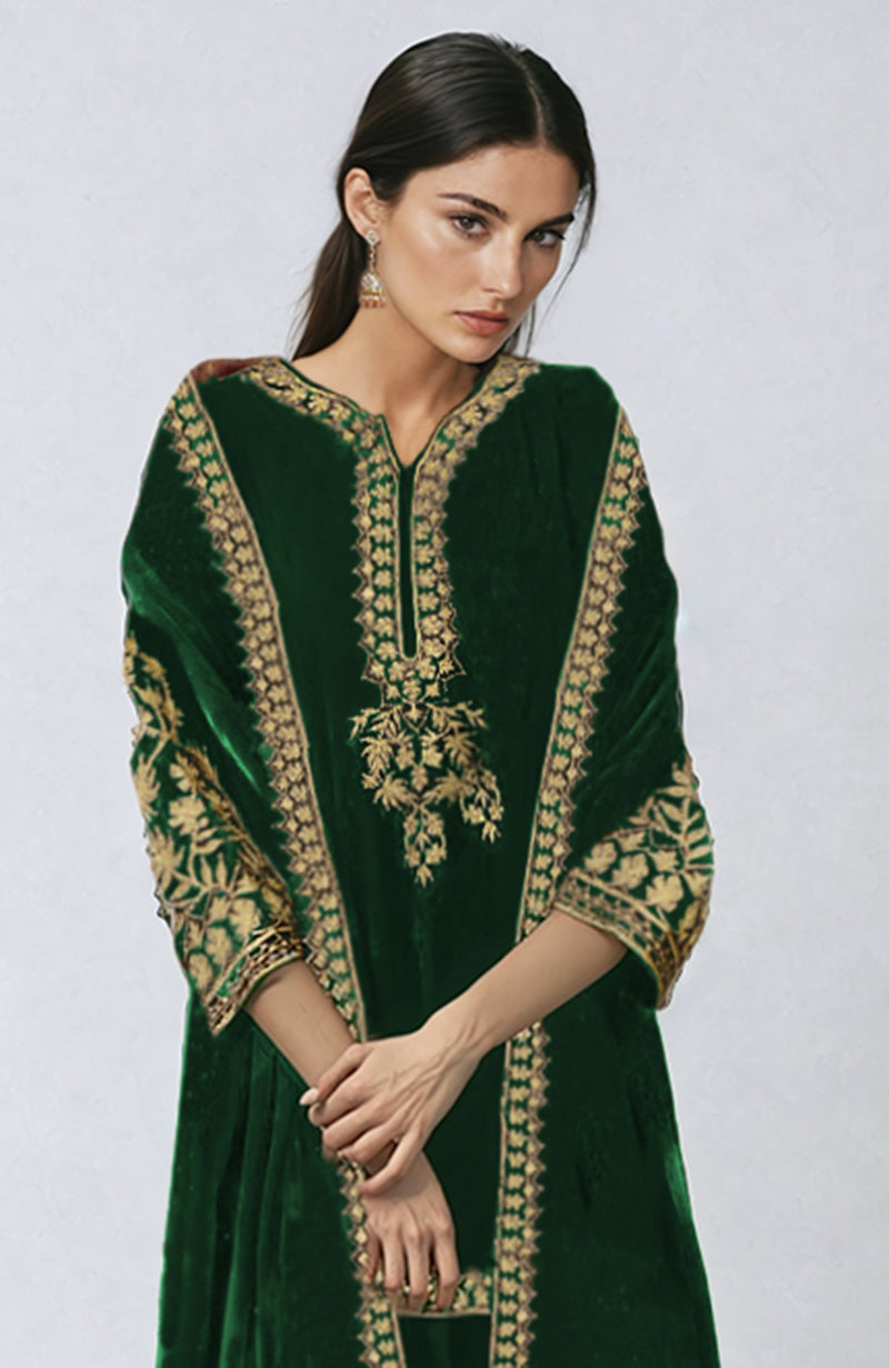 Emerald Green Velvet Kashmiri Tilla Embroidered Sharara set