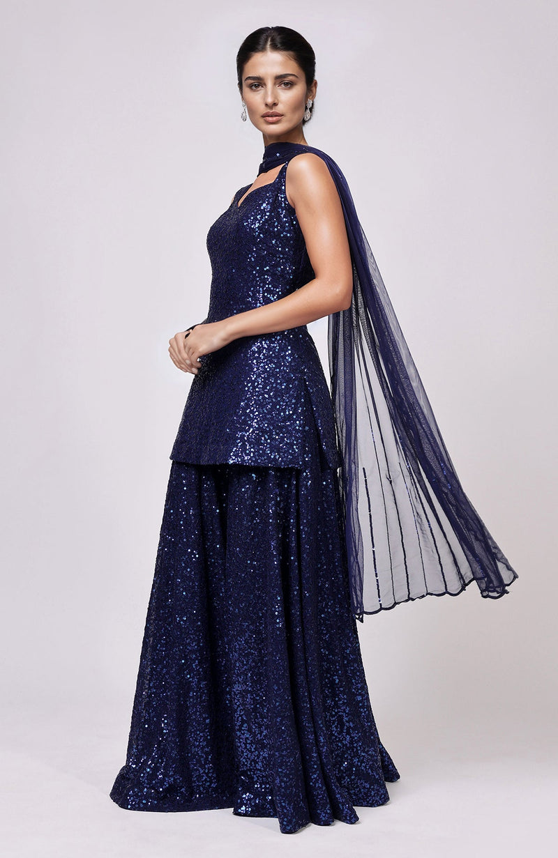 Sapphire Blue Sequin Embroidered Sharara Set