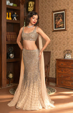 NAIRA-Champagne Gold Crystal Hand Embroidered Mermaid Lehenga with Shoulder Cape