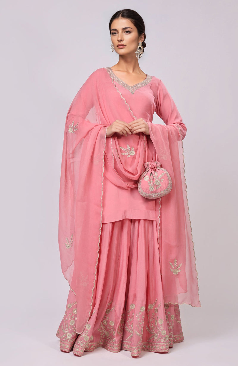 Pink Kashmiri Tilla Aari Embroidered Sharara Set