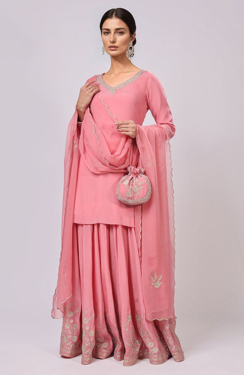 Pink Kashmiri Tilla Aari Embroidered Sharara Set