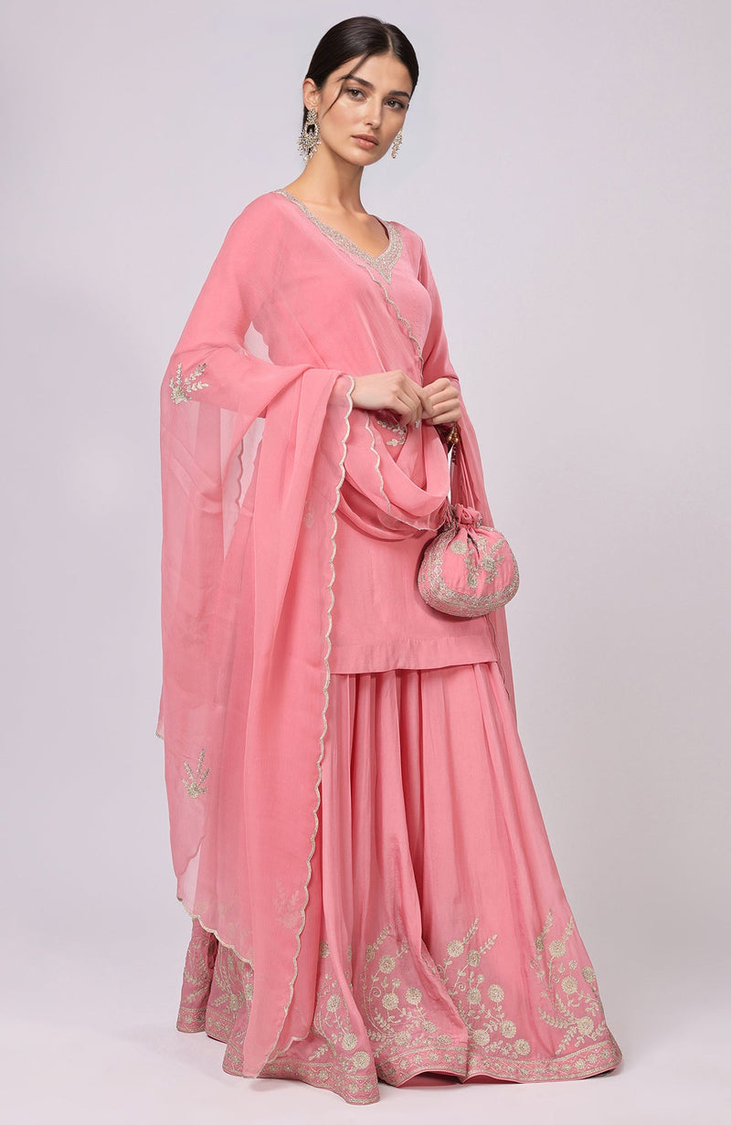 Pink Kashmiri Tilla Aari Embroidered Sharara Set