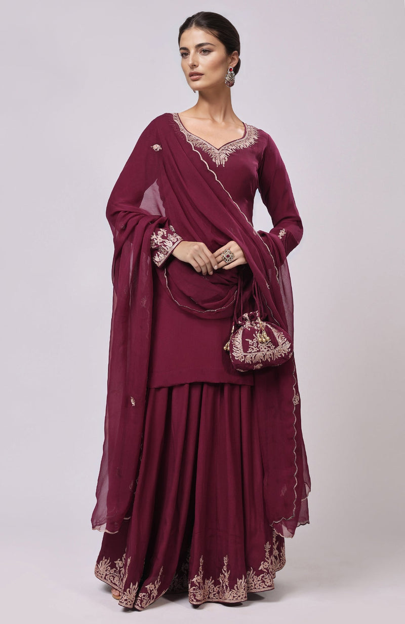 Burgundy Kashmiri Tilla Aari Embroidered Sharara Set