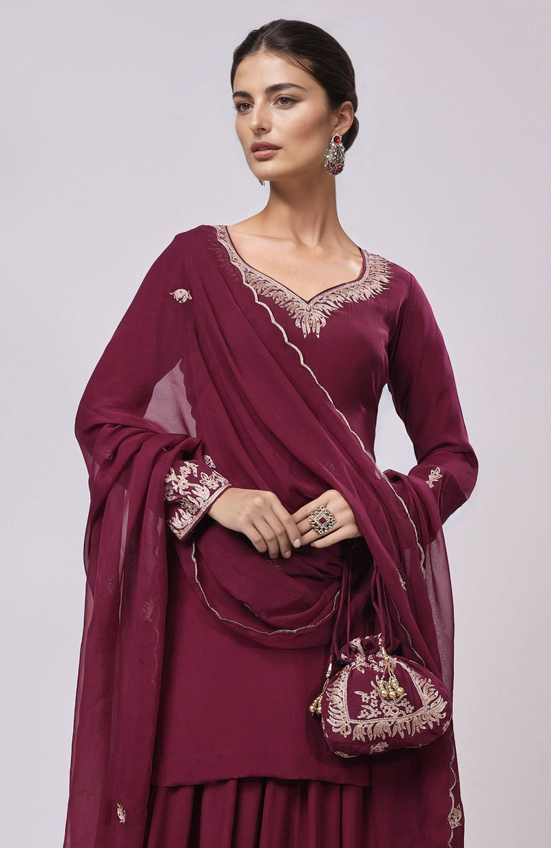 Burgundy Kashmiri Tilla Aari Embroidered Sharara Set
