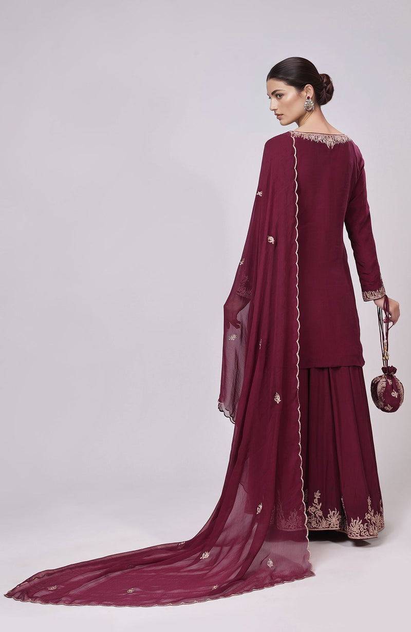 Burgundy Kashmiri Tilla Aari Embroidered Sharara Set