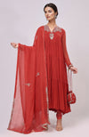 Red Kashmiri Tilla Aari Embroidered Anarkali Set