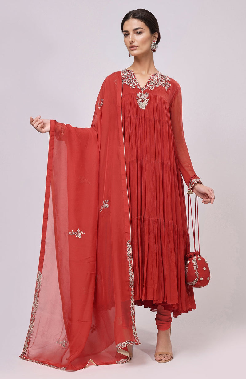Red Kashmiri Tilla Aari Embroidered Anarkali Set