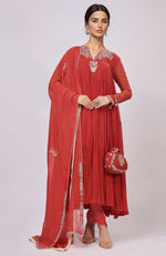 Red Kashmiri Tilla Aari Embroidered Anarkali Set