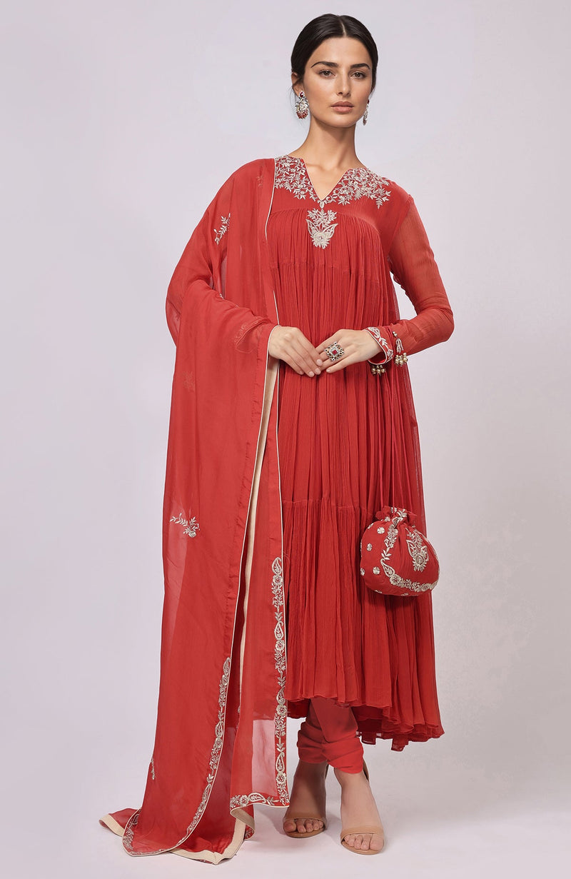Red Kashmiri Tilla Aari Embroidered Anarkali Set