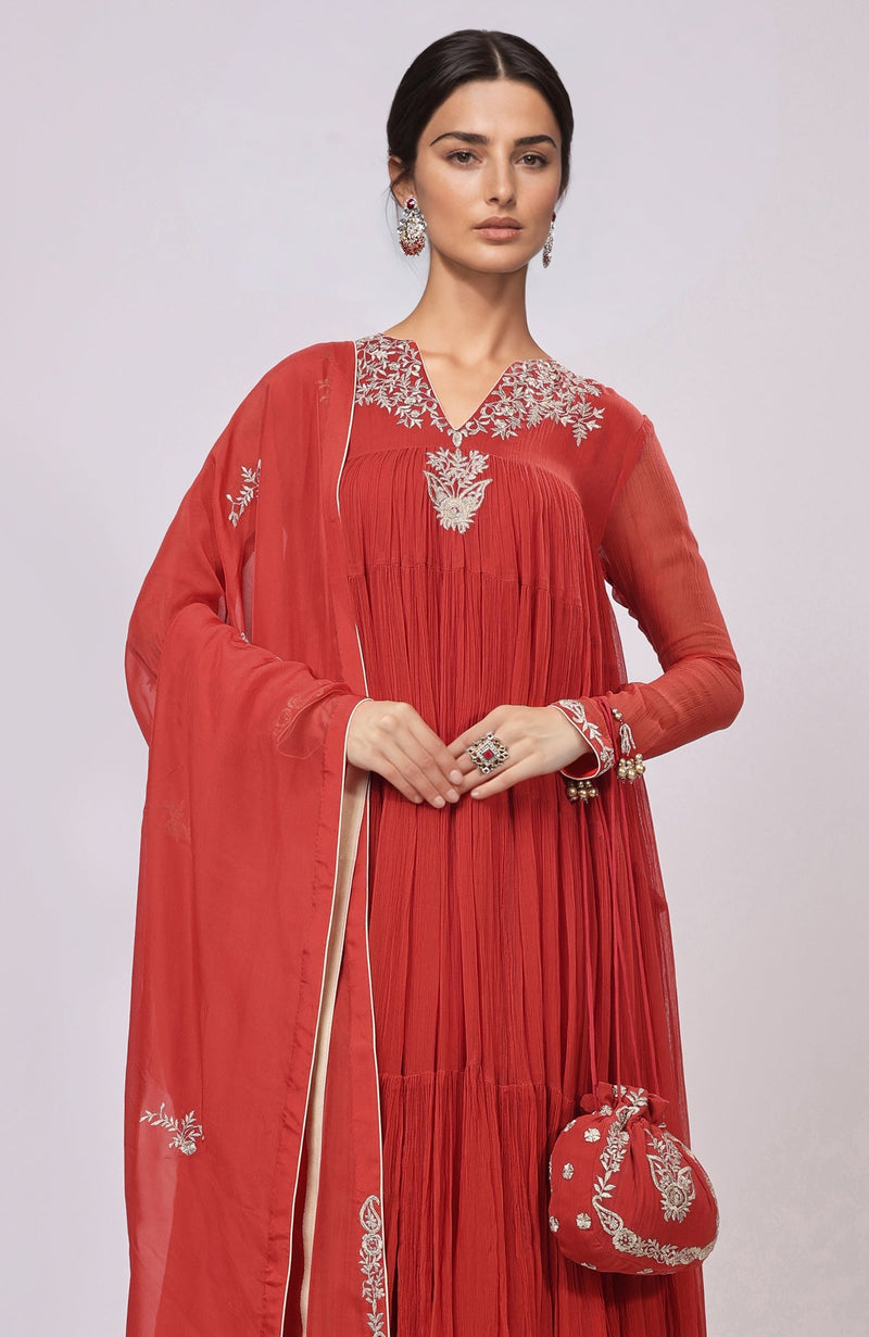 Red Kashmiri Tilla Aari Embroidered Anarkali Set