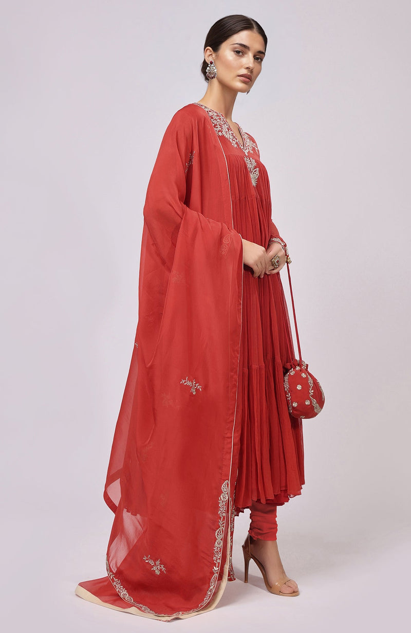 Red Kashmiri Tilla Aari Embroidered Anarkali Set