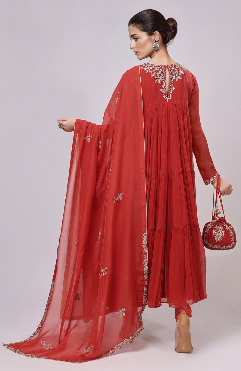 Red Kashmiri Tilla Aari Embroidered Anarkali Set