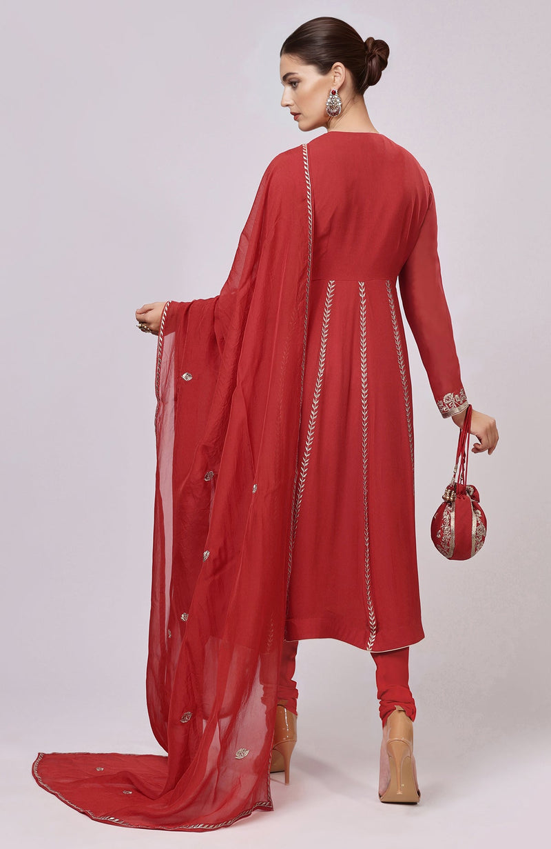Red Kashmiri Tilla Aari Embroidered Anarkali Set