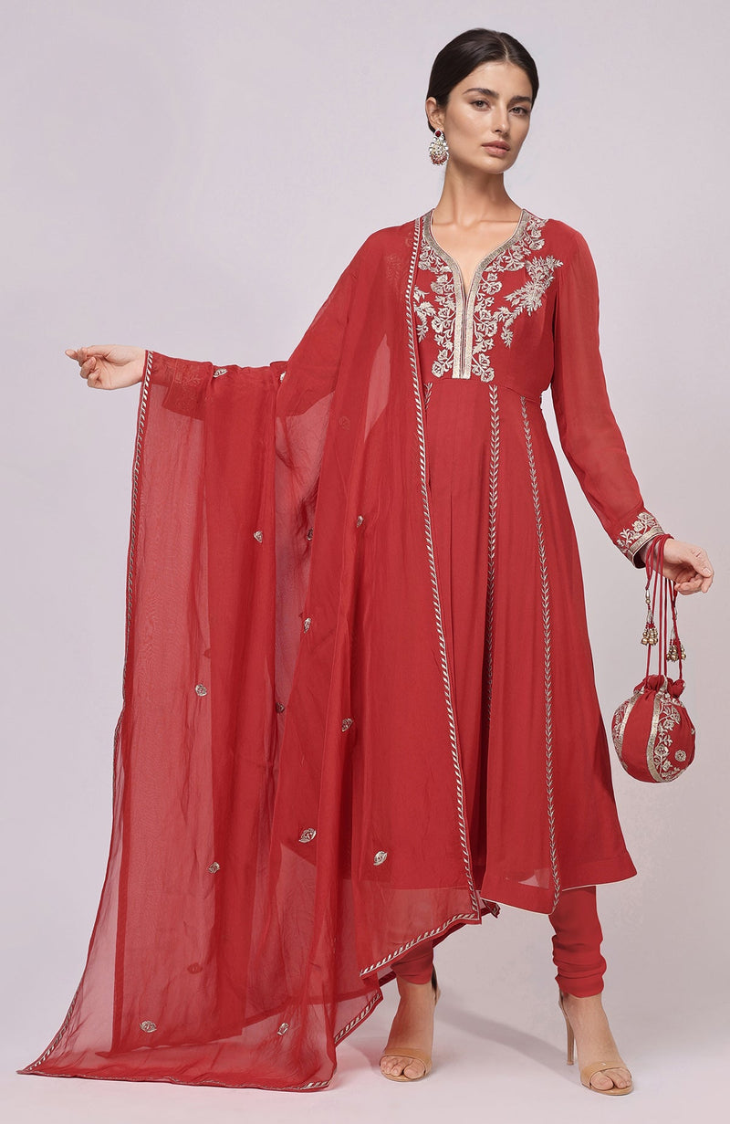 Red Kashmiri Tilla Aari Embroidered Anarkali Set