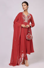 Red Kashmiri Tilla Aari Embroidered Anarkali Set