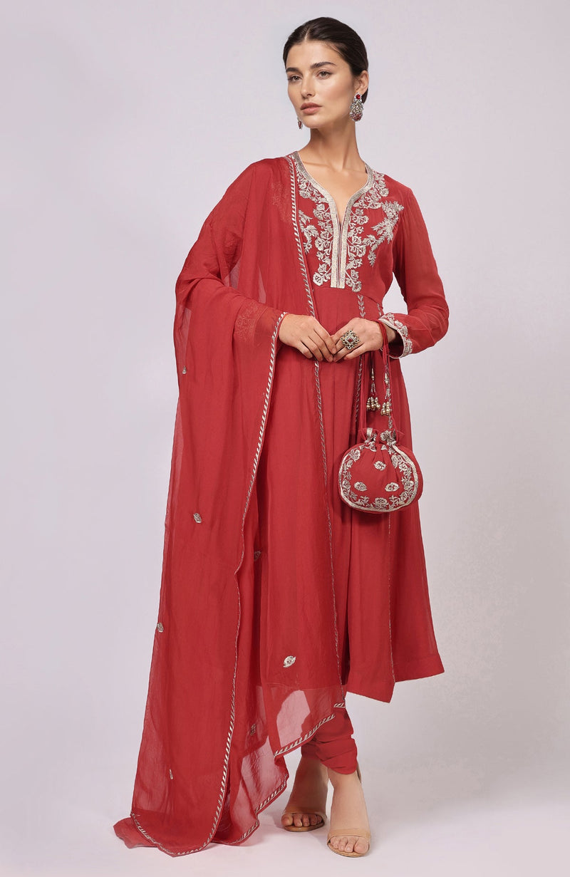 Red Kashmiri Tilla Aari Embroidered Anarkali Set