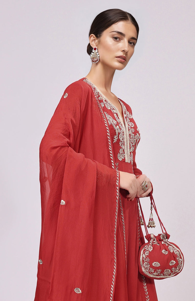 Red Kashmiri Tilla Aari Embroidered Anarkali Set