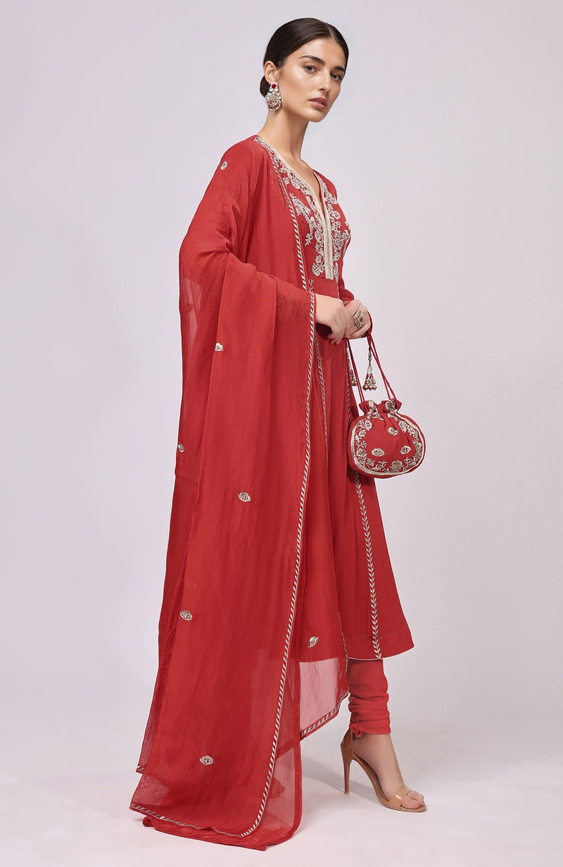Red Kashmiri Tilla Aari Embroidered Anarkali Set