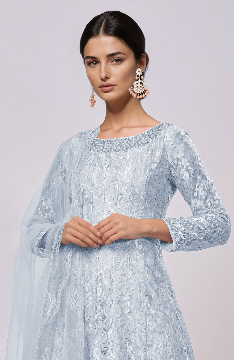 Dusty Blue Lace Anarkali Set
