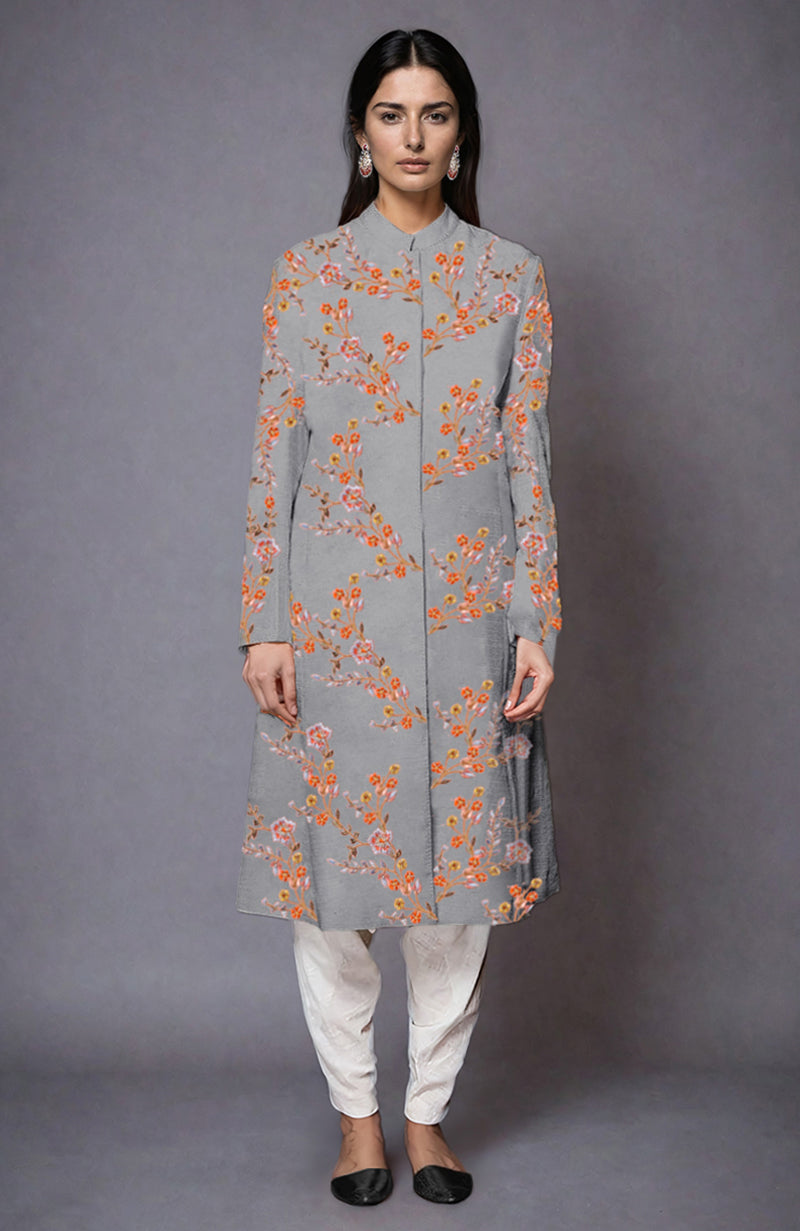 Grey Resham Embroidered Jacket Set