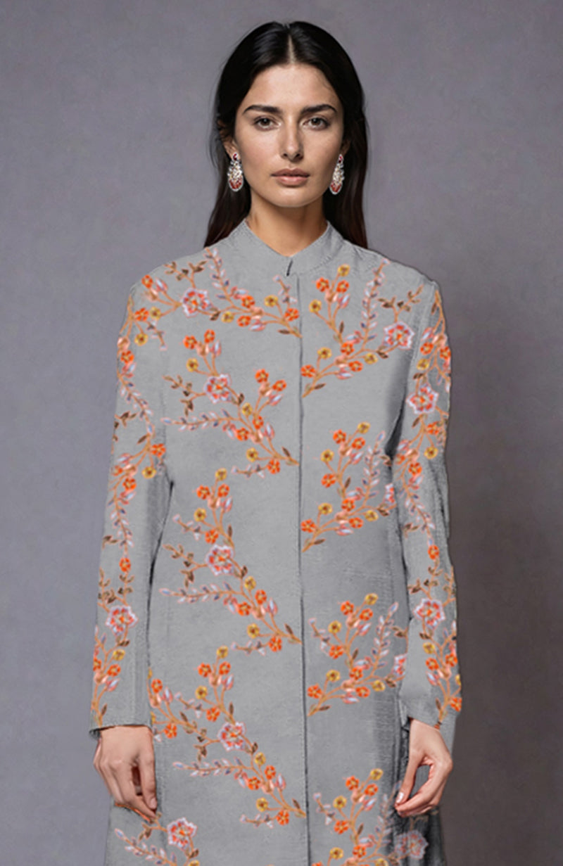 Grey Resham Embroidered Jacket Set