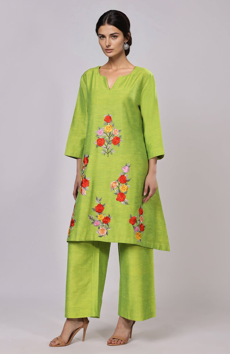 Citrus Green Parsi Gara Embroidered Co-ord