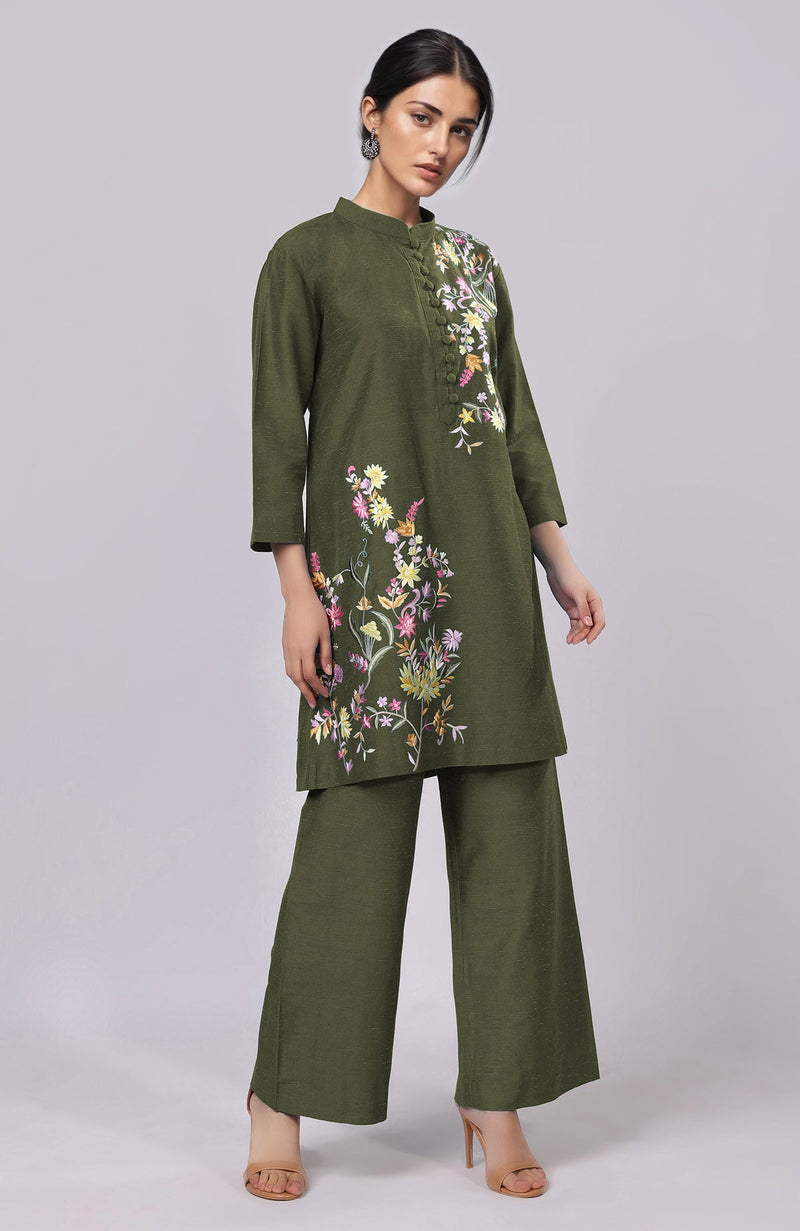 Martini Olive Parsi Gara Embroidered Co-Ord Set