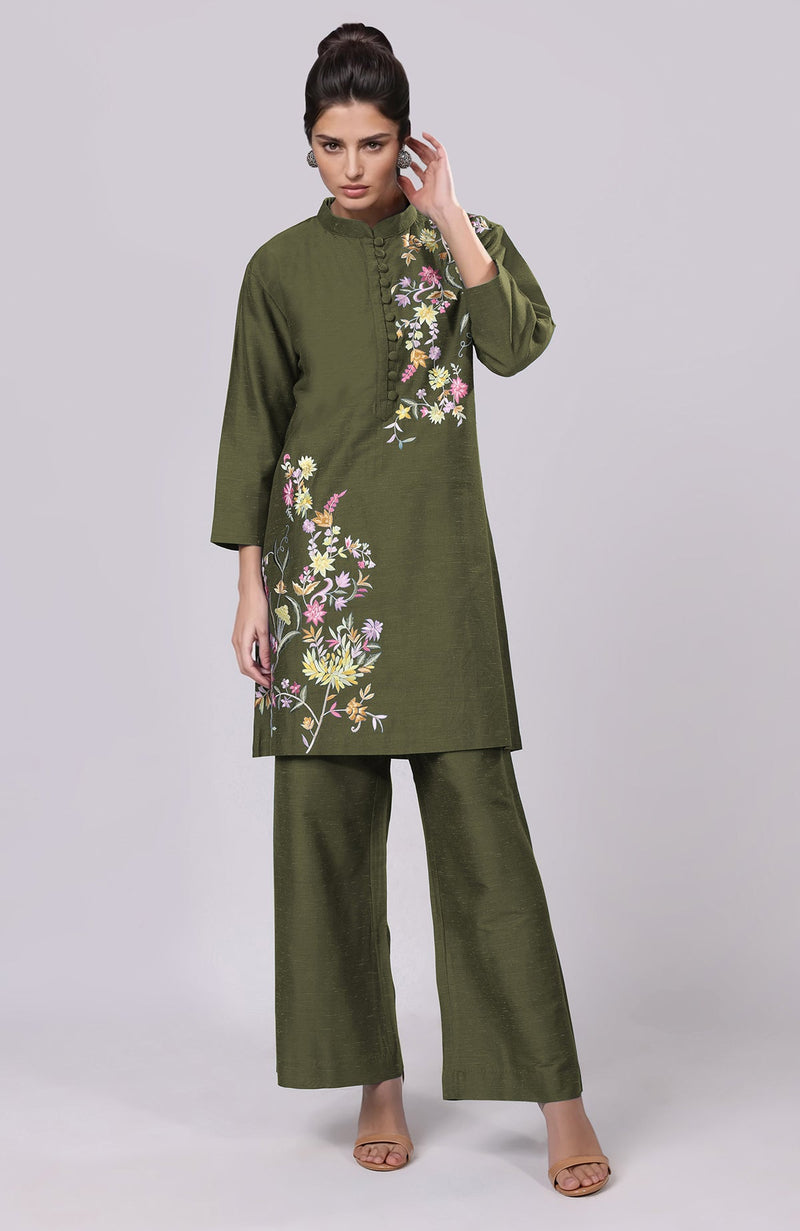 Martini Olive Parsi Gara Embroidered Co-Ord Set