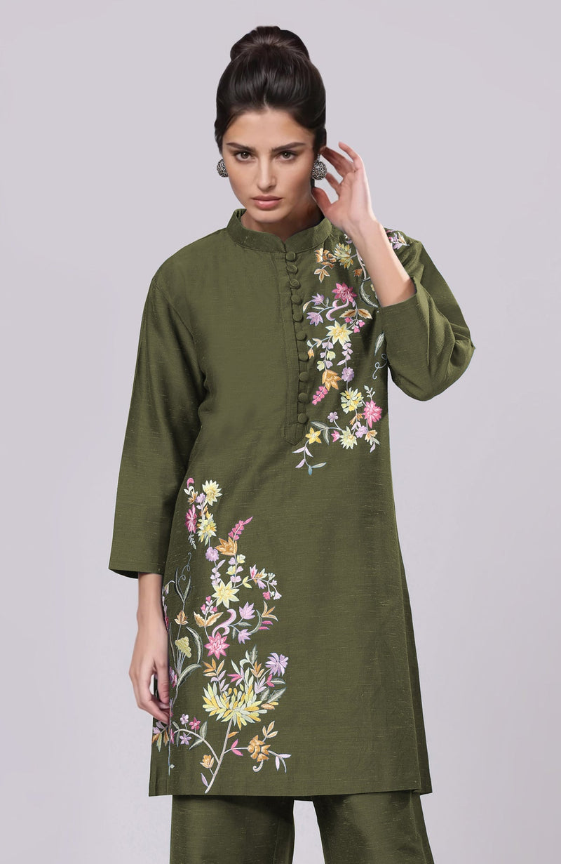 Martini Olive Parsi Gara Embroidered Co-Ord Set