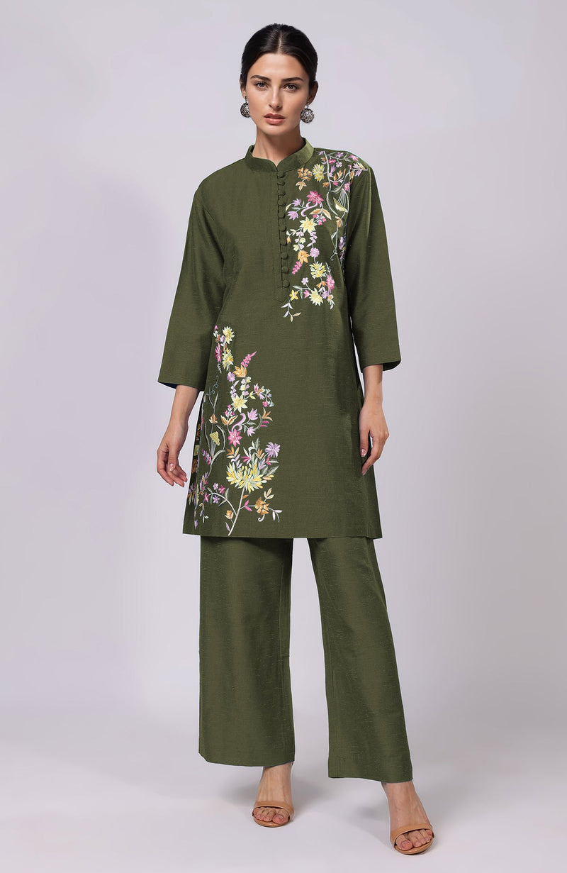 Martini Olive Parsi Gara Embroidered Co-Ord Set