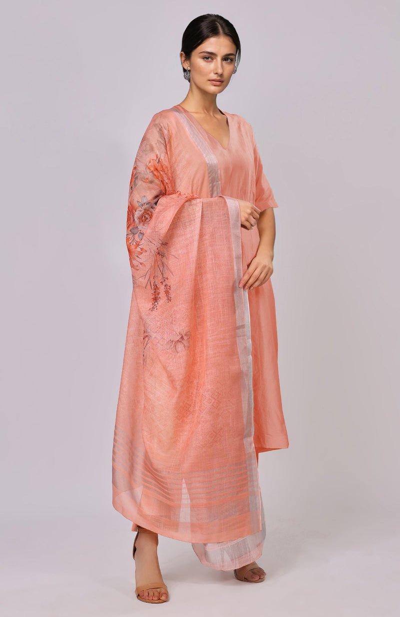 Peach Floral Linen Dupatta with Suit