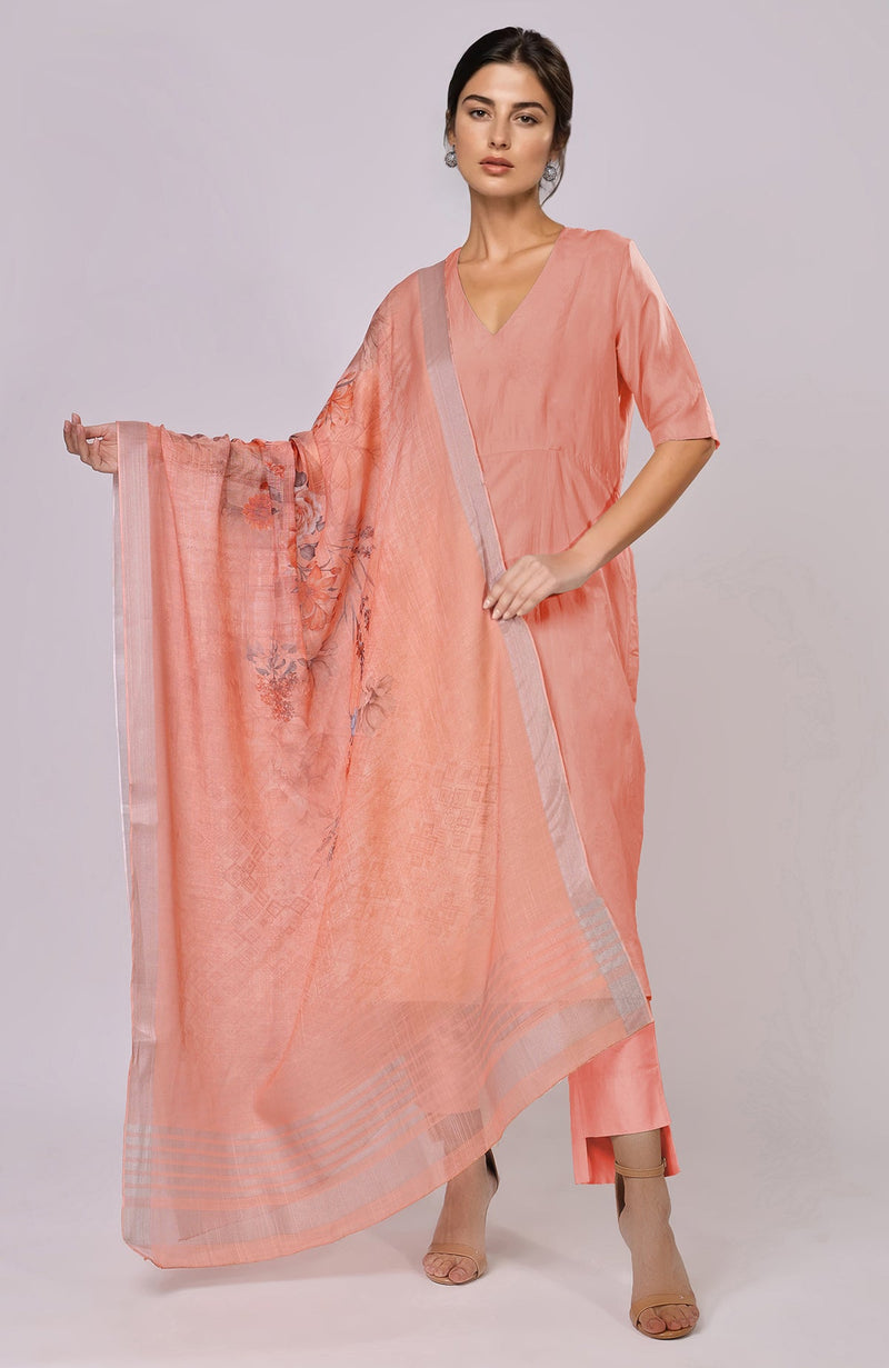 Peach Floral Linen Dupatta with Suit