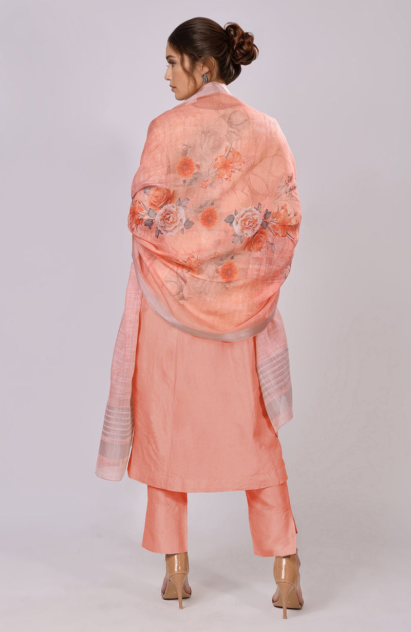 Peach Floral Linen Dupatta with Suit