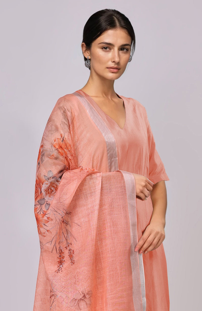 Peach Floral Linen Dupatta with Suit