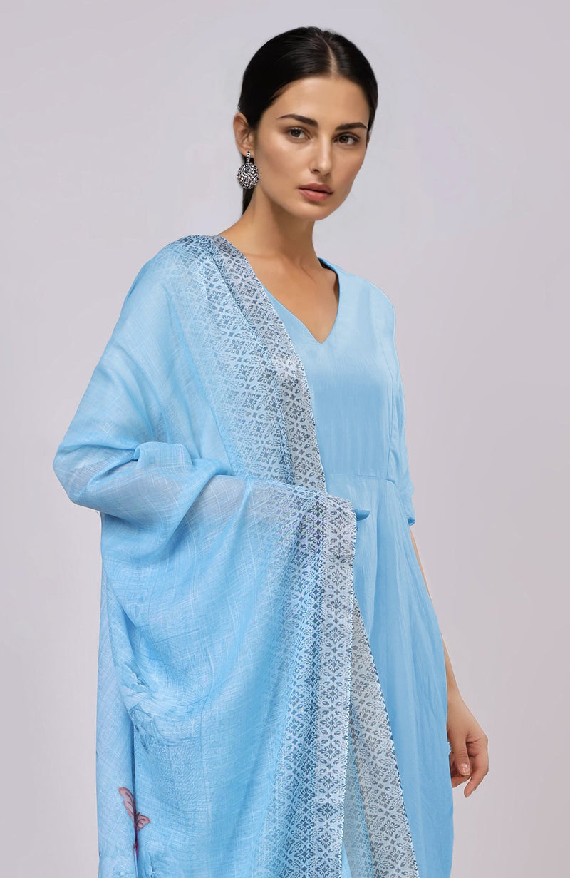 Sky Blue Floral Linen Dupatta with Suit
