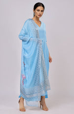 Sky Blue Floral Linen Dupatta with Suit