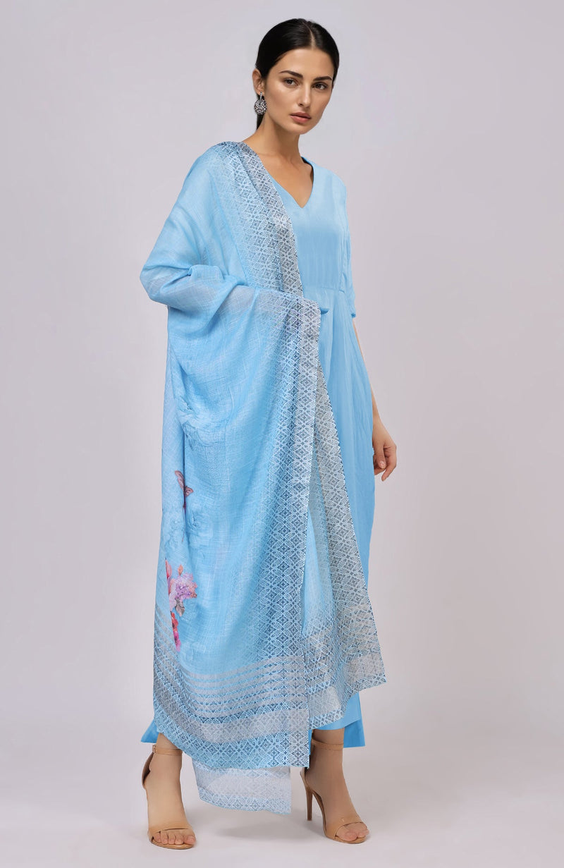 Sky Blue Floral Linen Dupatta with Suit