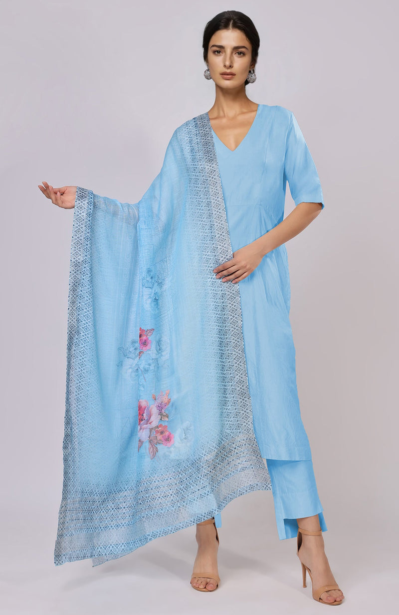 Sky Blue Floral Linen Dupatta with Suit