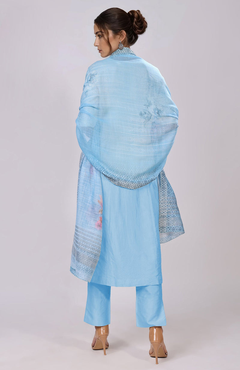 Sky Blue Floral Linen Dupatta with Suit