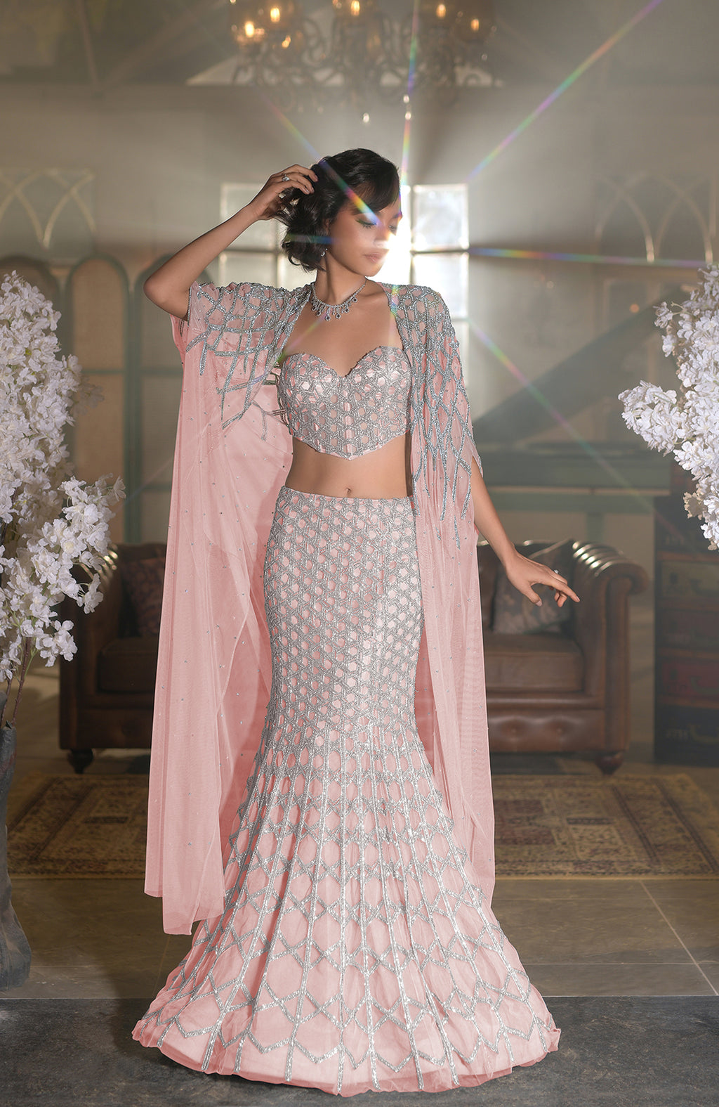 Blue crystal hand-embroidered mermaid lehenga with cape and intricate silver hexagonal beadwork