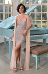 NAIRA-Nude Crystal & Beads Hand Embroidered Scalloped Gown with Cape