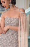 NAIRA-Nude Crystal & Beads Hand Embroidered Scalloped Gown with Cape