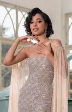 NAIRA-Nude Crystal & Beads Hand Embroidered Scalloped Gown with Cape