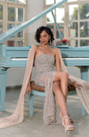 NAIRA-Nude Crystal & Beads Hand Embroidered Scalloped Gown with Cape