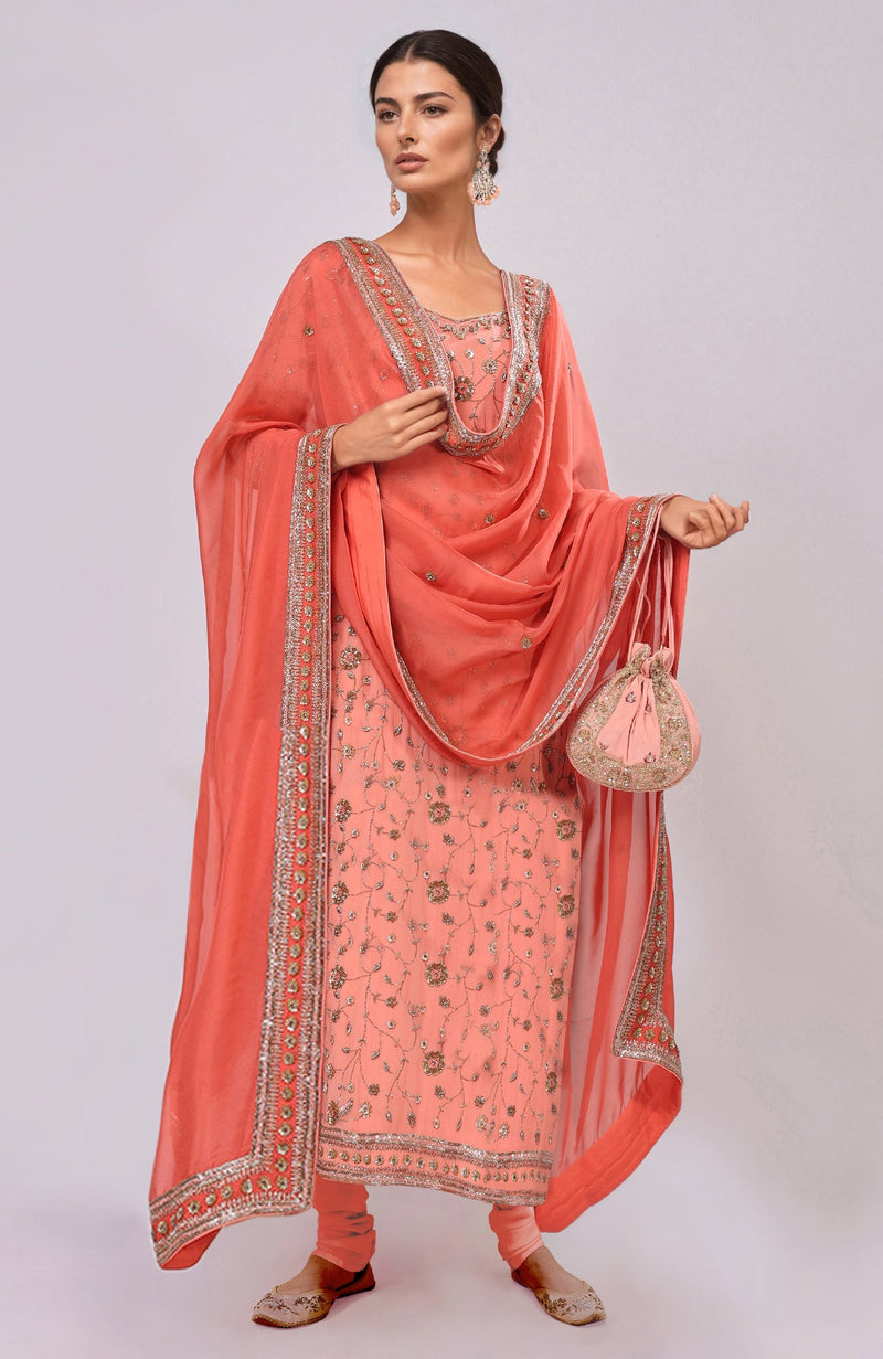 Salmon Dabka and Zardozi Hand-Embroidered Kurta Set