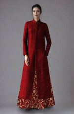 Red Raw Silk Jacket & Skirt Set
