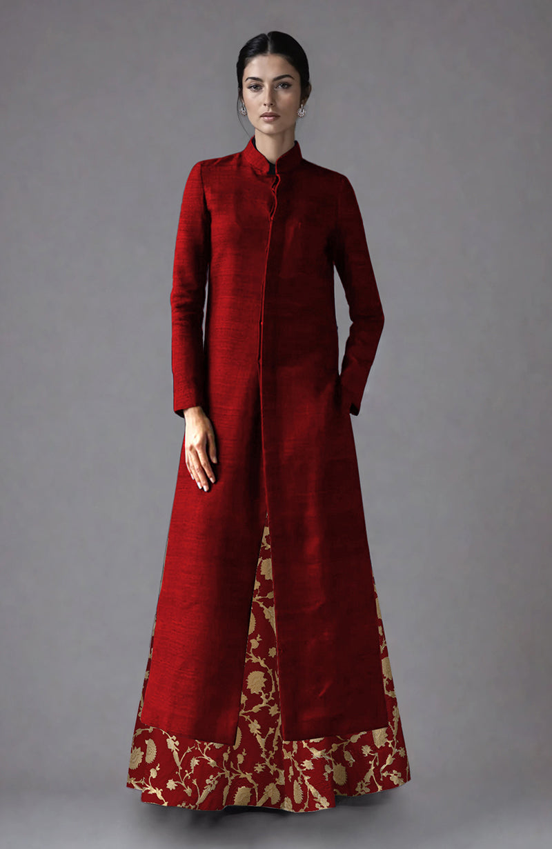 Red Raw Silk Jacket & Skirt Set