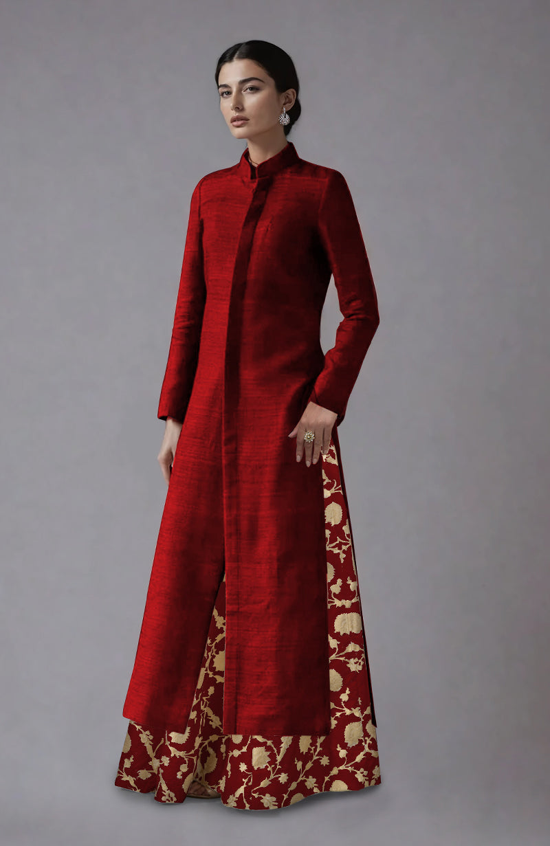 Red Raw Silk Jacket & Skirt Set