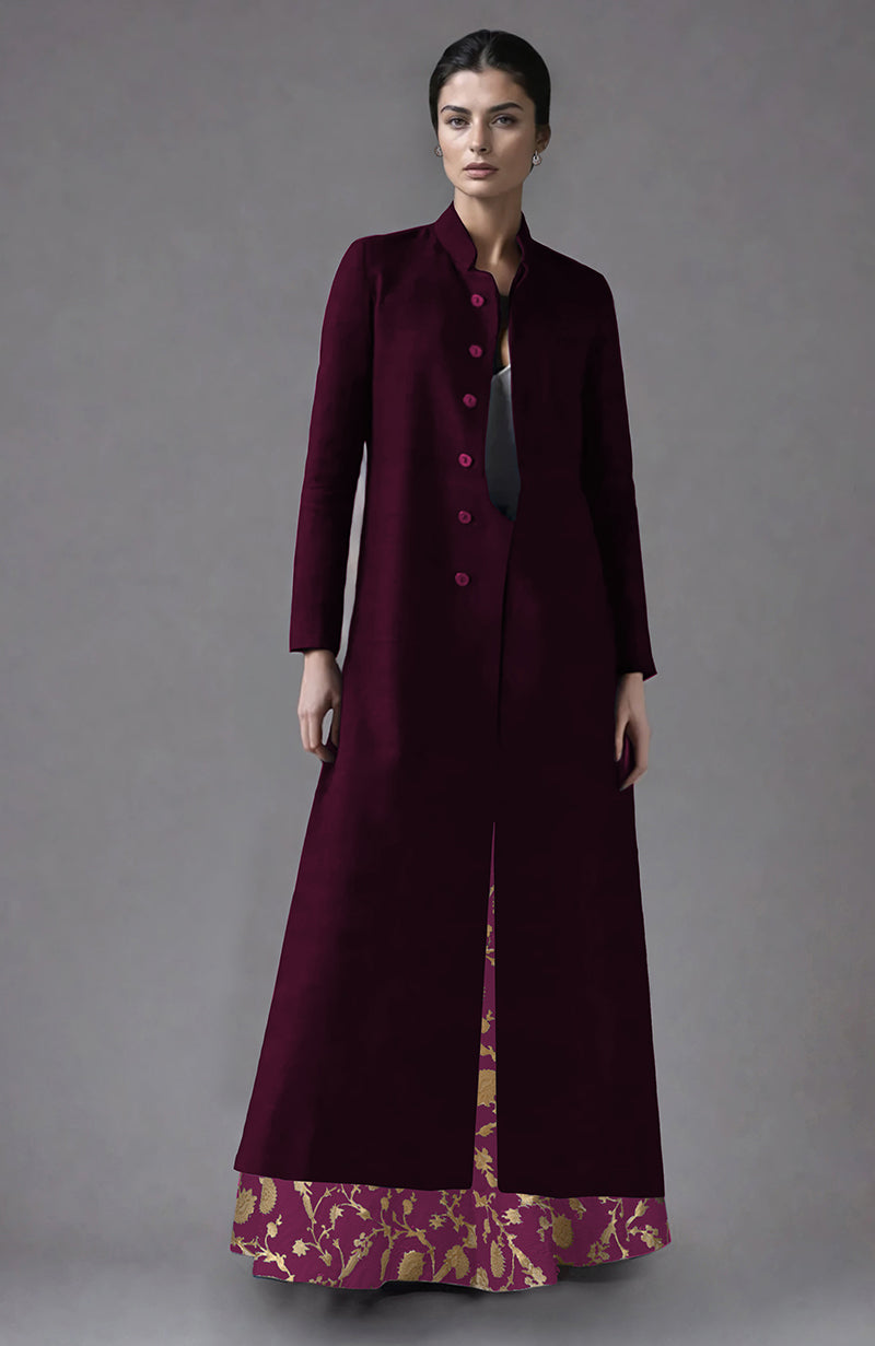 Wine Raw Silk Jacket & Skirt Set